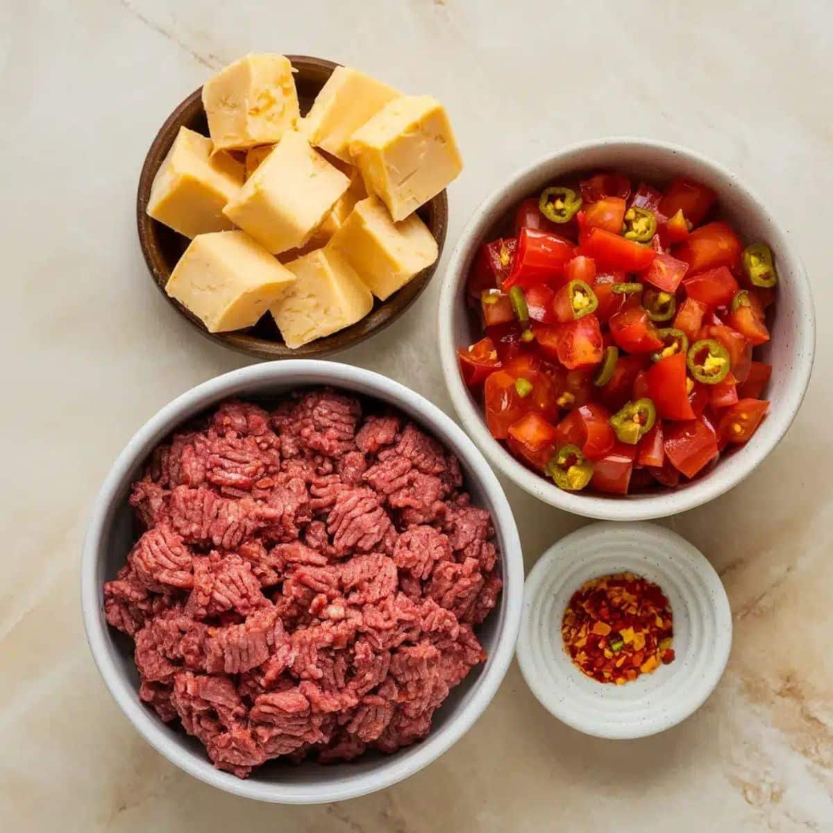 Essential ingredients for Rotel Dip Recipe, including ground beef, diced tomatoes with chilies, cubed cheese, and red pepper flakes, neatly arranged on a countertop.