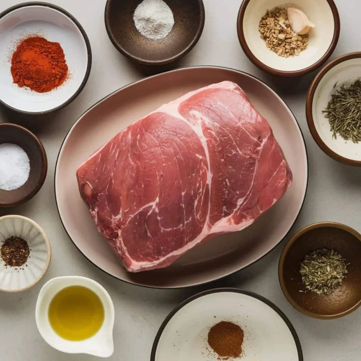 Raw pork loin surrounded by spices and seasonings including smoked paprika, garlic, rosemary, and olive oil, essential ingredients for a smoked pork loin recipe.