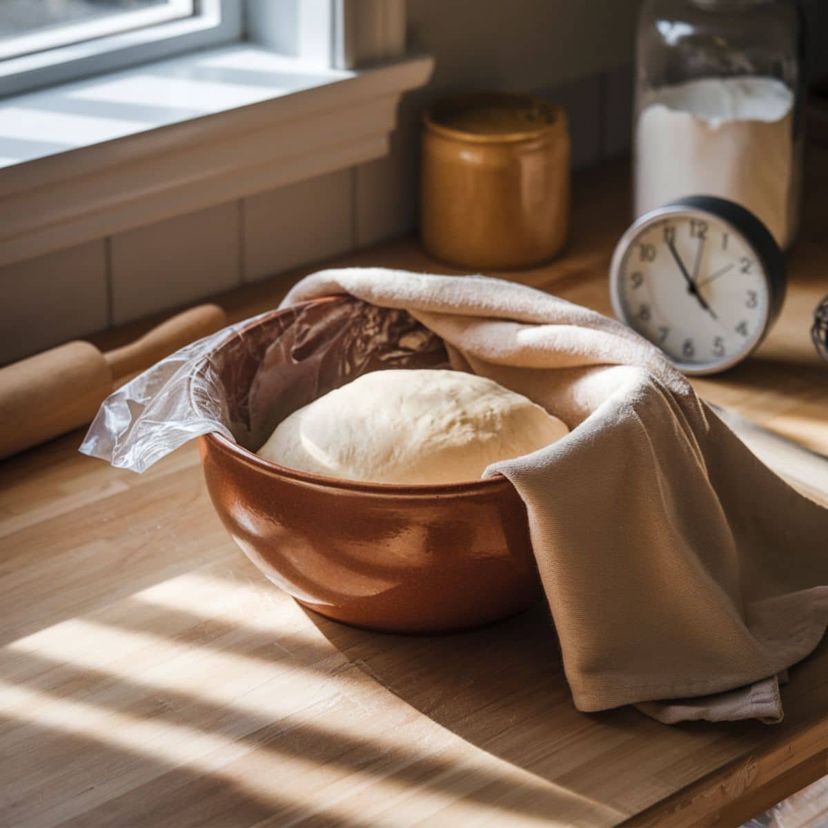 First Rise of Gipfeli Recipe Dough: A cozy kitchen scene featuring dough rising in a ceramic bowl, covered with plastic wrap and a cloth, placed near a clock and sunlight streaming through the window.