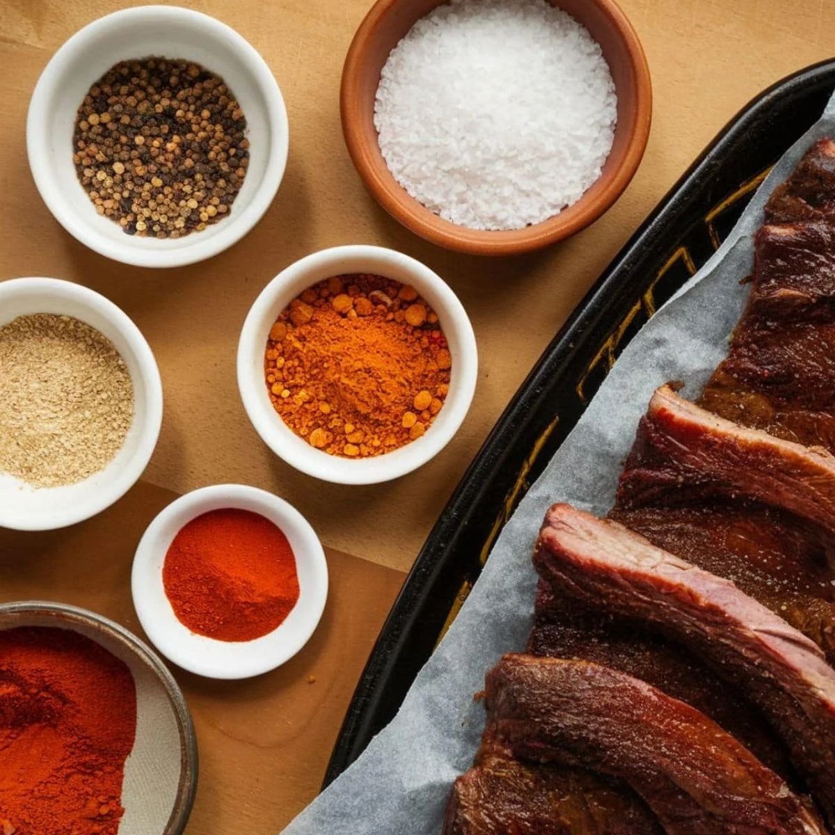 A variety of spices and seasonings in small bowls, including salt, black pepper, paprika, and garlic powder, arranged next to seasoned beef back ribs on a tray. Essential dry rub ingredients for a flavorful beef back ribs recipe, perfect for BBQ, smoking, or grilling.