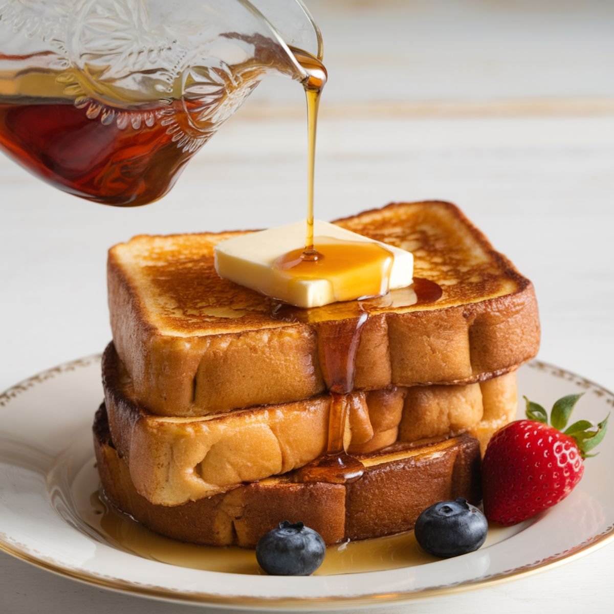 A stack of Brioche French Toast Recipe topped with a pat of melting butter and drizzled with golden maple syrup. The thick, fluffy slices are perfectly golden brown with crisp edges, served on an elegant plate with fresh strawberries and blueberries. This French toast recipe is rich, buttery, and irresistibly sweet—an indulgent breakfast favorite.