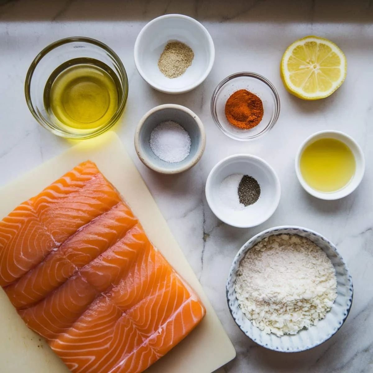 Fresh ingredients for a Crispy Salmon Bites Recipe displayed on a marble countertop. Featuring salmon fillets, flour, breadcrumbs, olive oil, lemon, and seasonings including salt, black pepper, white pepper, and paprika. Perfect for an easy, flavorful seafood dish.