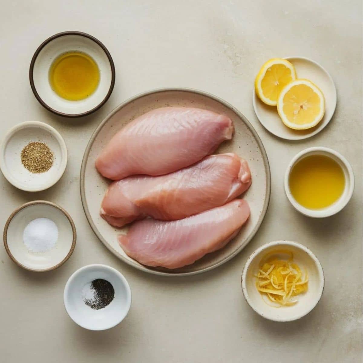 Fresh ingredients for Lemon Pepper Chicken Breast, including raw chicken breasts, lemon slices, olive oil, seasonings, and lemon zest, arranged on a neutral background, ready for a quick and flavorful recipe.