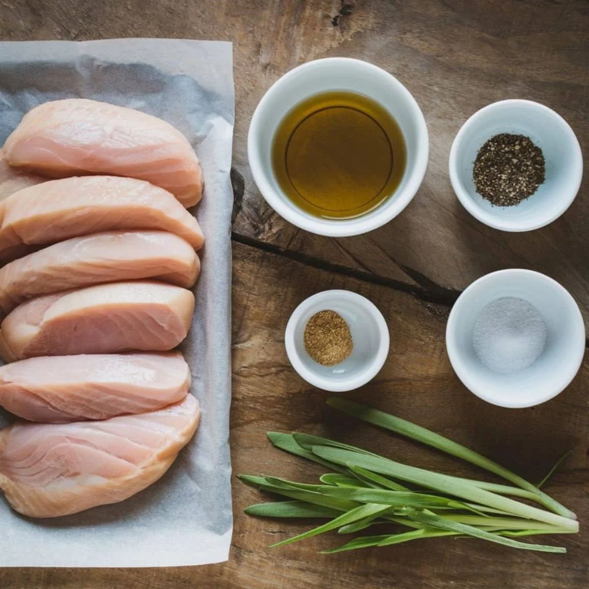 Fresh ingredients for a Chicken Cheese Steak Recipe, including raw chicken breasts, olive oil, black pepper, salt, ground spices, and fresh herbs, arranged on a rustic wooden surface. Perfect for preparing a flavorful and juicy chicken cheesesteak sandwich.