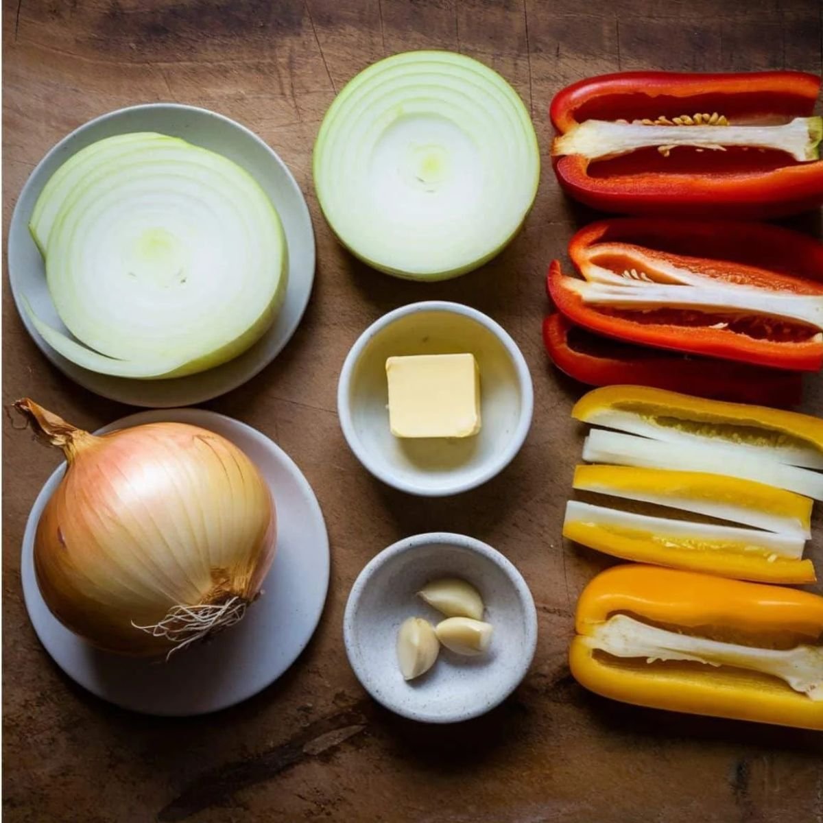 Fresh ingredients for a Chicken Cheese Steak Recipe, including sliced onions, red and yellow bell peppers, garlic cloves, butter, and a whole onion, arranged on a rustic wooden surface. Perfect for making a flavorful and savory chicken cheesesteak sandwich.