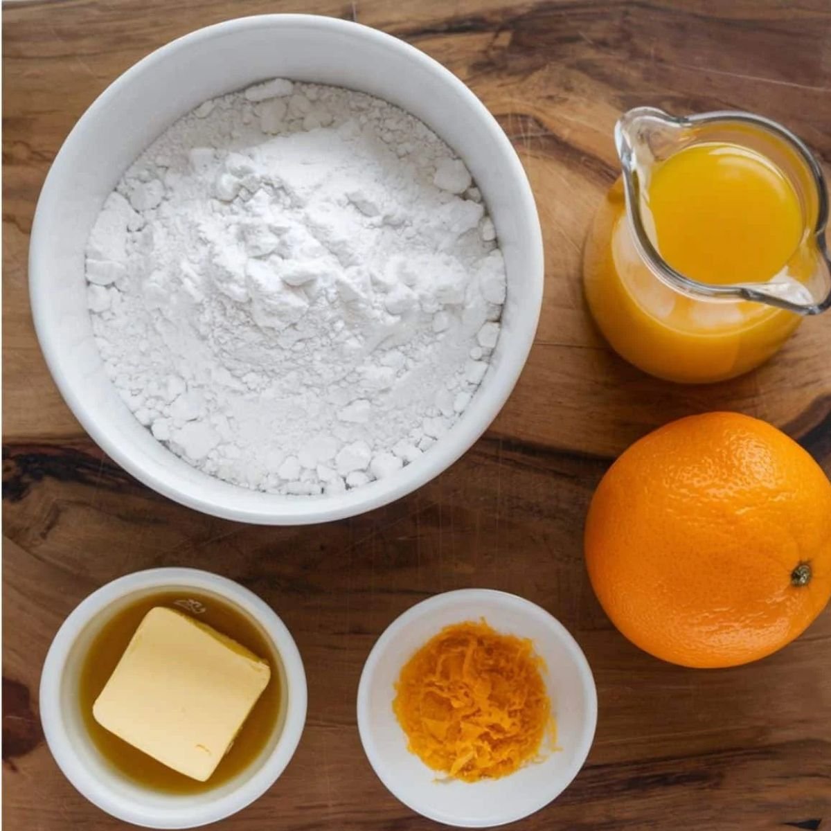 Fresh ingredients for an Orange Cake Recipe, including flour, butter, orange zest, orange juice, and a whole orange on a wooden surface. Perfect for homemade citrus desserts and baking.