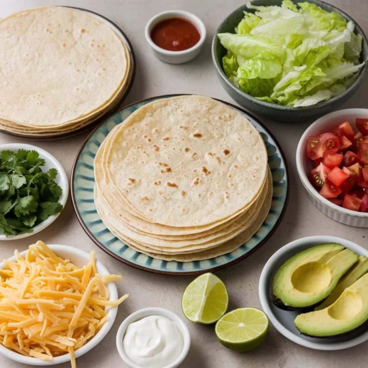 Fresh ingredients for chicken tacos recipe, including tortillas, shredded cheese, avocado slices, sour cream, lime wedges, lettuce, tomatoes, salsa, and cilantro.