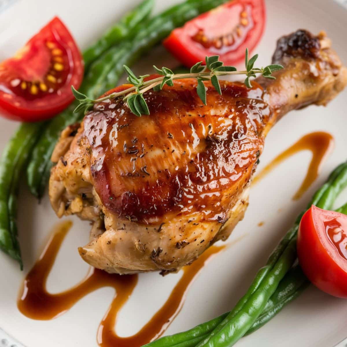 Glazed Roasted Chicken Quarters Recipe – Juicy, oven-baked chicken quarters with a flavorful herb marinade, served with fresh green beans and cherry tomatoes, drizzled with a savory sauce. Perfect for a hearty and delicious meal.