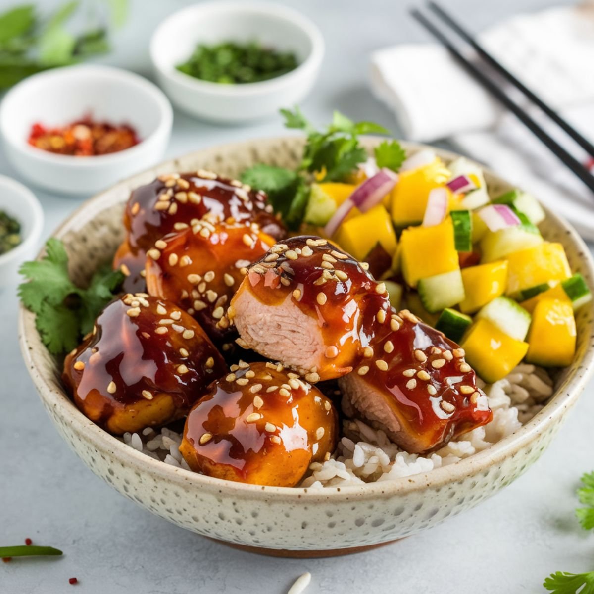 Glazed Salmon Bites Recipe served over a bed of rice, topped with a sweet and savory sauce and sprinkled with sesame seeds. Paired with a refreshing mango salsa made of diced mango, cucumber, and red onion. A flavorful and vibrant seafood dish perfect for a healthy meal.