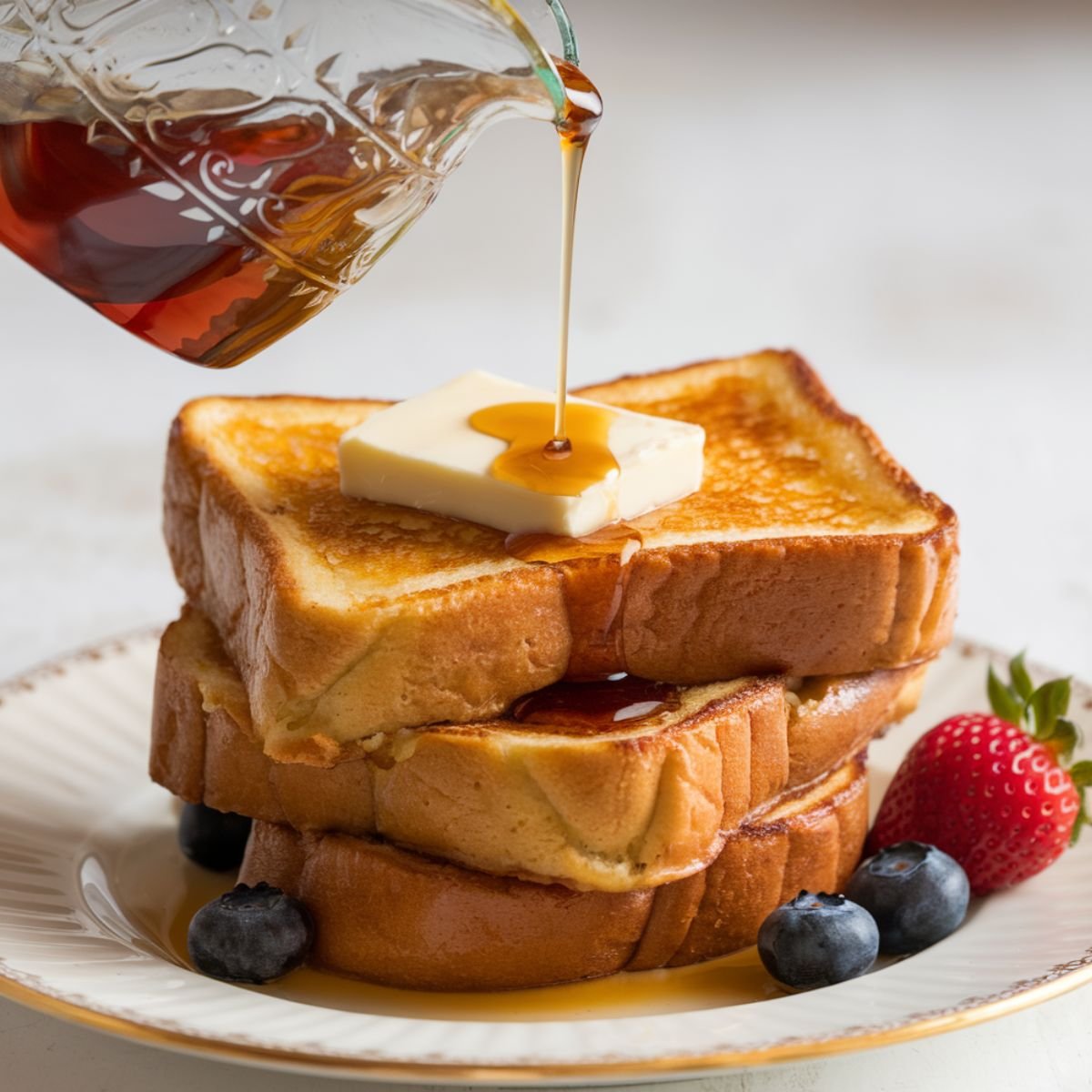 A stack of Brioche French Toast Recipe topped with a pat of butter and drizzled with warm maple syrup. The thick, golden-brown slices are crisp on the outside and soft on the inside, served on a classic plate with fresh blueberries and a ripe strawberry. This French toast recipe is a rich, indulgent breakfast treat perfect for any morning!