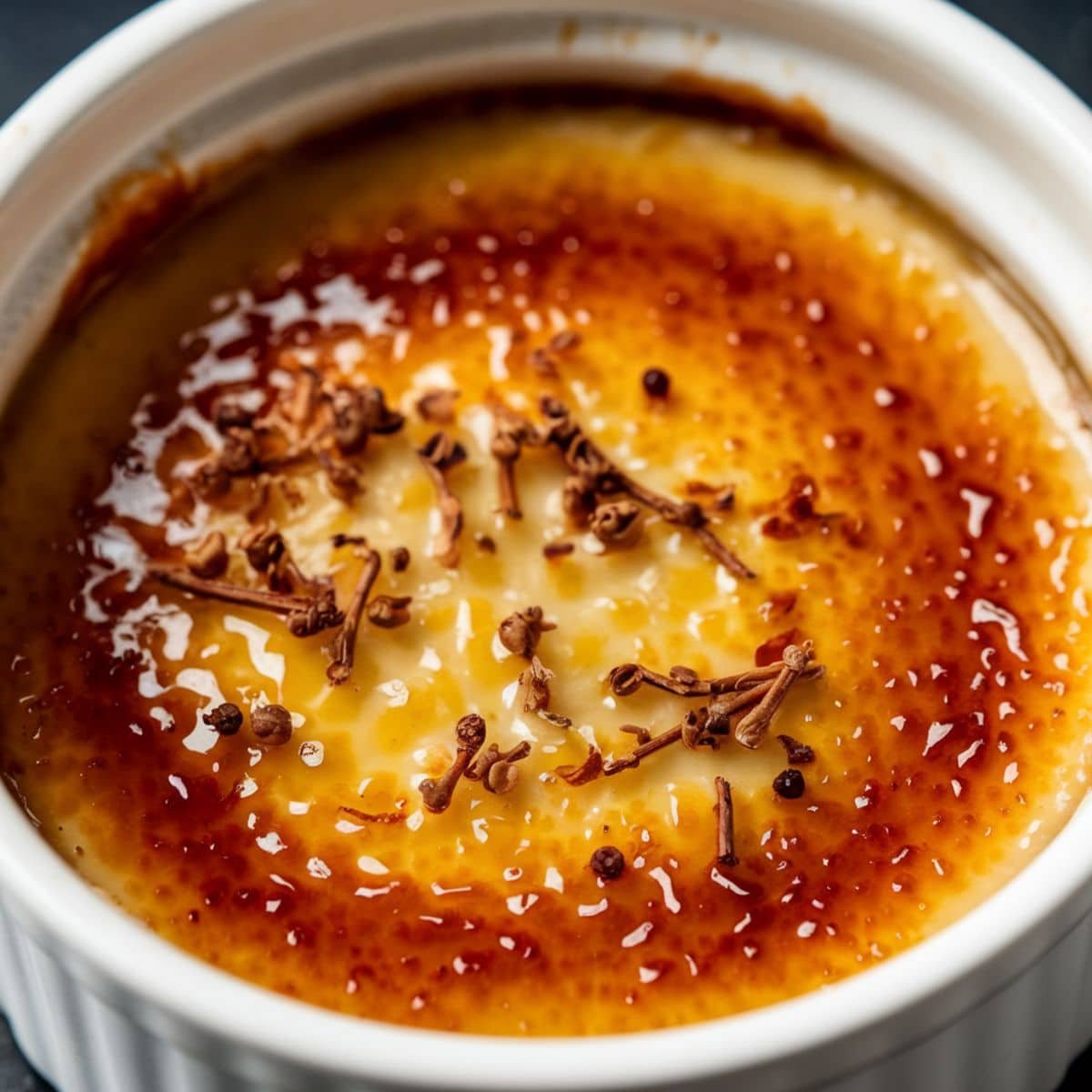 Rich and creamy Crab Brûlée Recipe with a perfectly caramelized golden-brown crust, garnished with delicate herbs for an elegant finish.