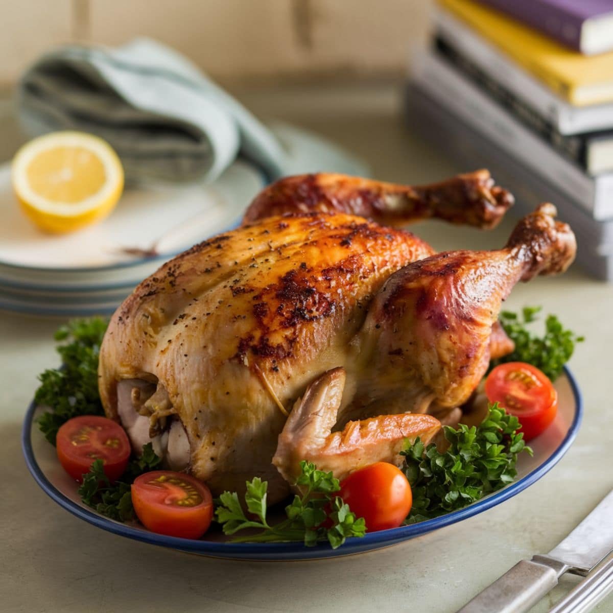 Golden-brown whole roasted chicken recipe served on a plate, garnished with fresh parsley and cherry tomatoes, with a lemon slice and books in the background for a cozy dining setup.