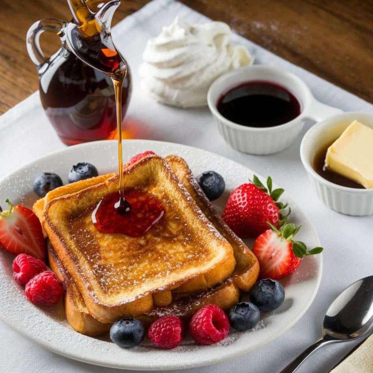 A delicious stack of Brioche French Toast Recipe served on a white plate, drizzled with rich maple syrup and dusted with powdered sugar. The toast is golden brown and crispy on the outside while soft and fluffy inside. Fresh strawberries, blueberries, and raspberries add a burst of color and flavor, accompanied by whipped cream, butter, and fruit syrup for the perfect French toast breakfast.