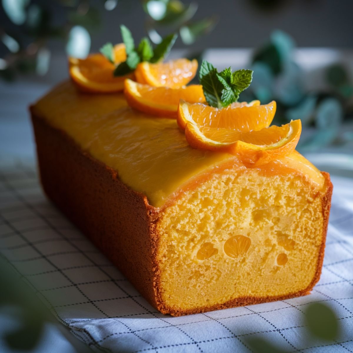 Golden and moist Orange Cake Recipe featuring a soft, fluffy texture, topped with fresh orange slices and mint. A delicious homemade citrus loaf cake perfect for dessert or tea time.