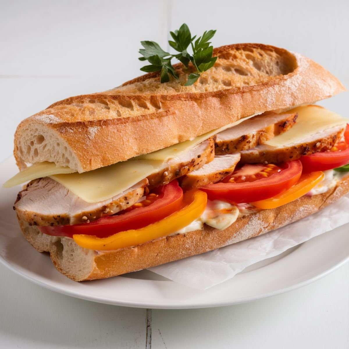 A mouthwatering Chicken Cheese Steak Recipe featuring grilled chicken slices, melted cheese, fresh tomato slices, bell peppers, and a creamy sauce, all served in a crispy baguette. A delicious and satisfying sandwich perfect for lunch or dinner.