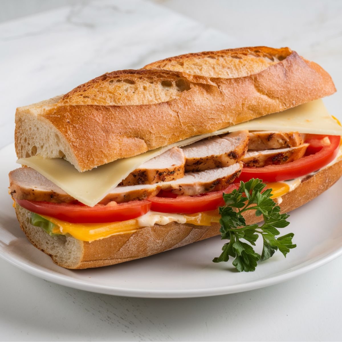 A delicious Chicken Cheese Steak Recipe featuring grilled chicken slices, melted cheese, fresh tomatoes, lettuce, and a creamy sauce, all layered inside a crispy baguette. A flavorful and satisfying sandwich perfect for lunch or dinner.