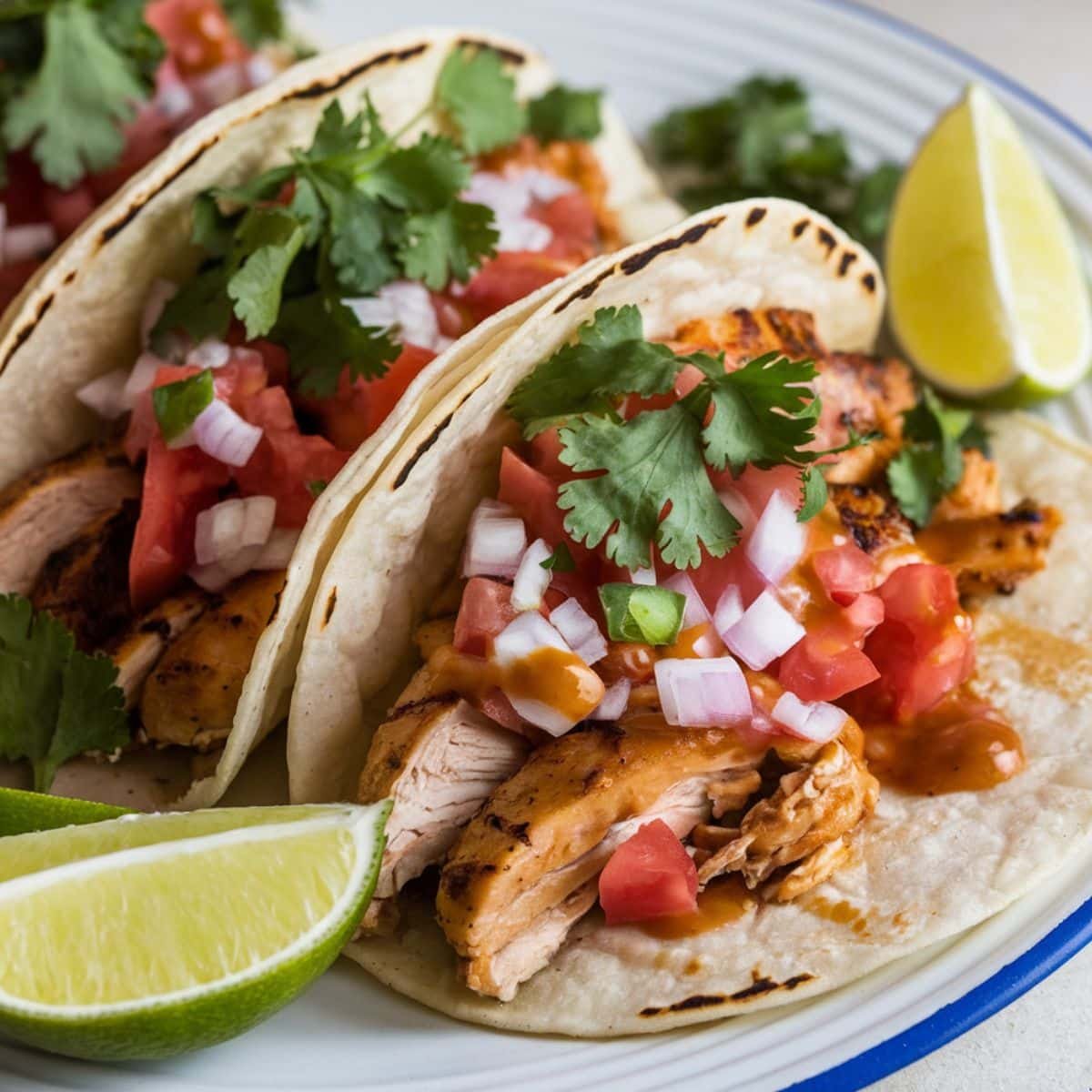 Grilled chicken tacos recipe with fresh salsa, chopped tomatoes, onions, cilantro, and lime wedges served on warm tortillas.