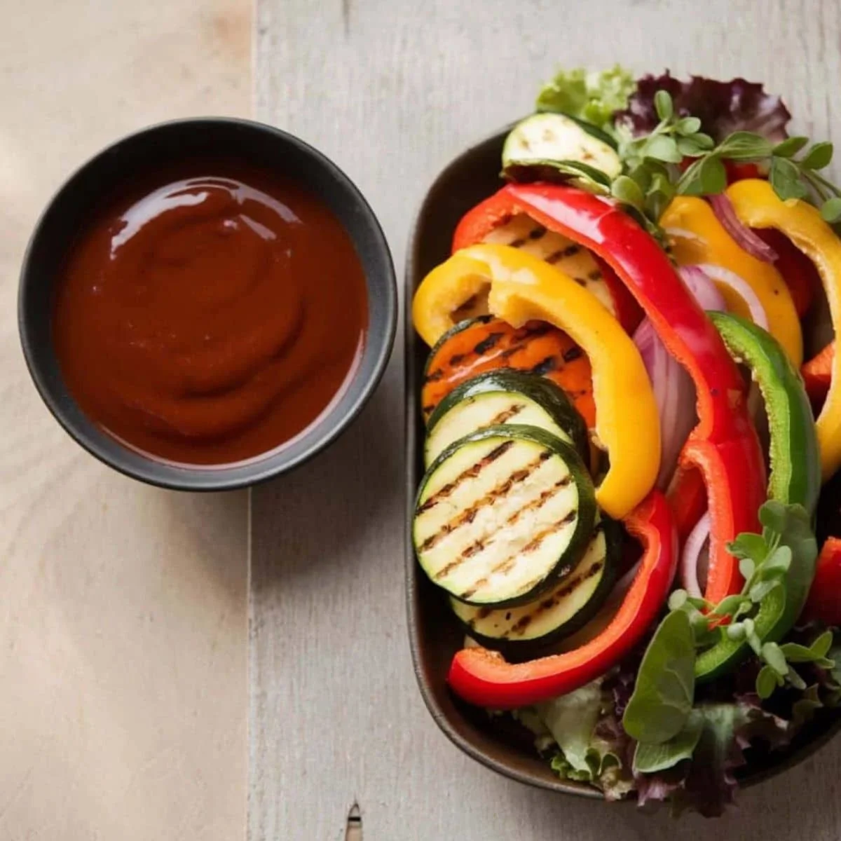 Grilled vegetables, including zucchini, bell peppers, and onions, served with a bowl of barbecue sauce, perfect sides for a smoked pork loin recipe.