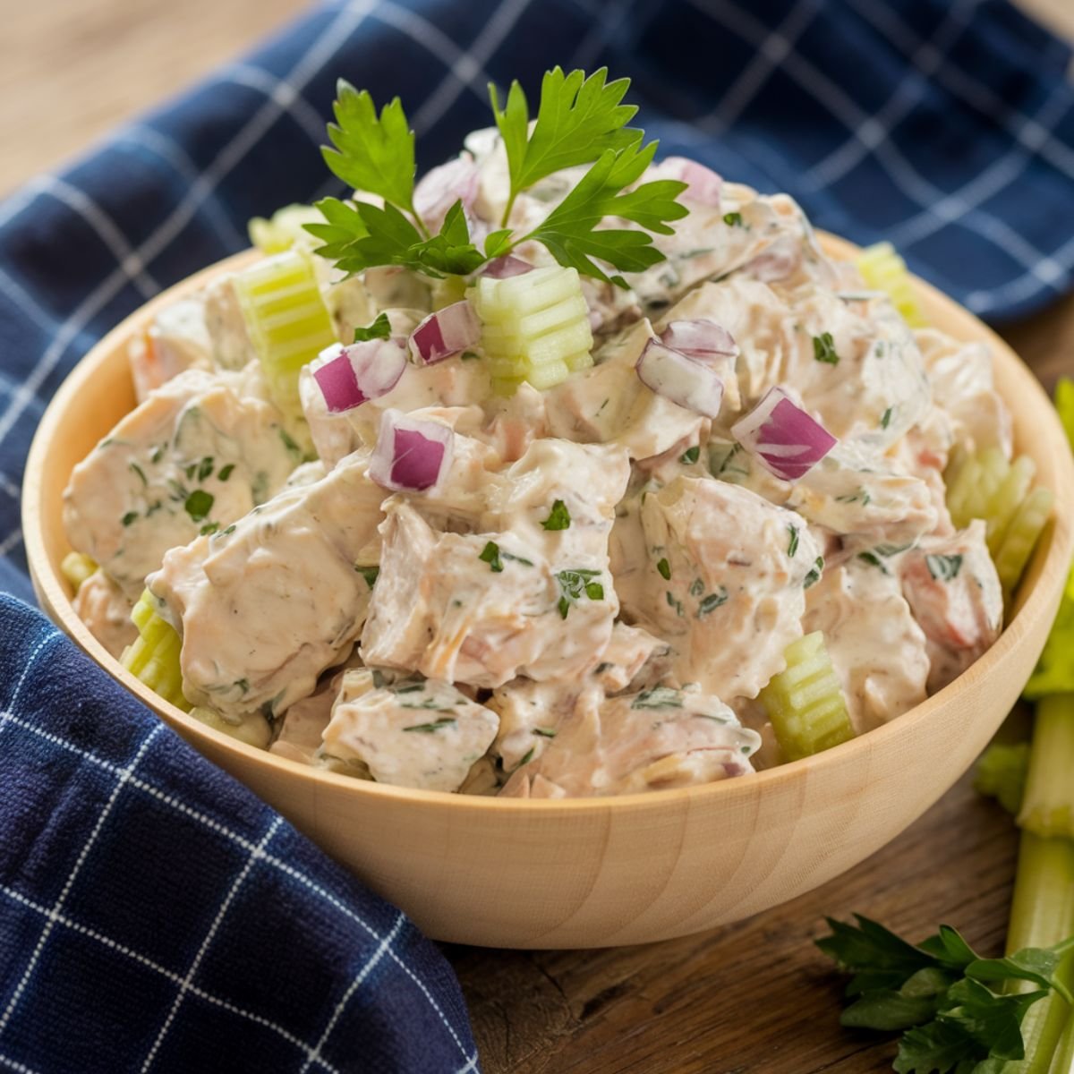 Homemade Chicken Salad Chick Recipe – Creamy Chicken Salad with Celery, Red Onion, and Fresh Parsley in a Wooden Bowl, Garnished with Crunchy Celery and Served on a Rustic Wooden Table.