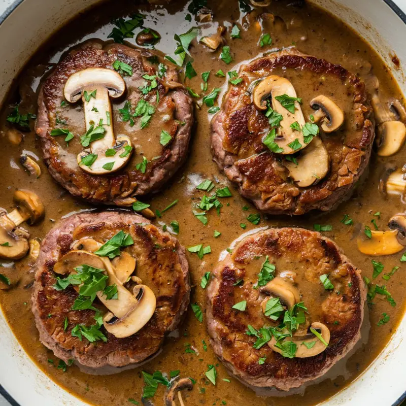 Homemade Salisbury Steak Recipe featuring juicy beef patties smothered in a rich mushroom gravy, garnished with fresh parsley and sautéed mushrooms. A comforting, flavorful dish perfect for a hearty family dinner.