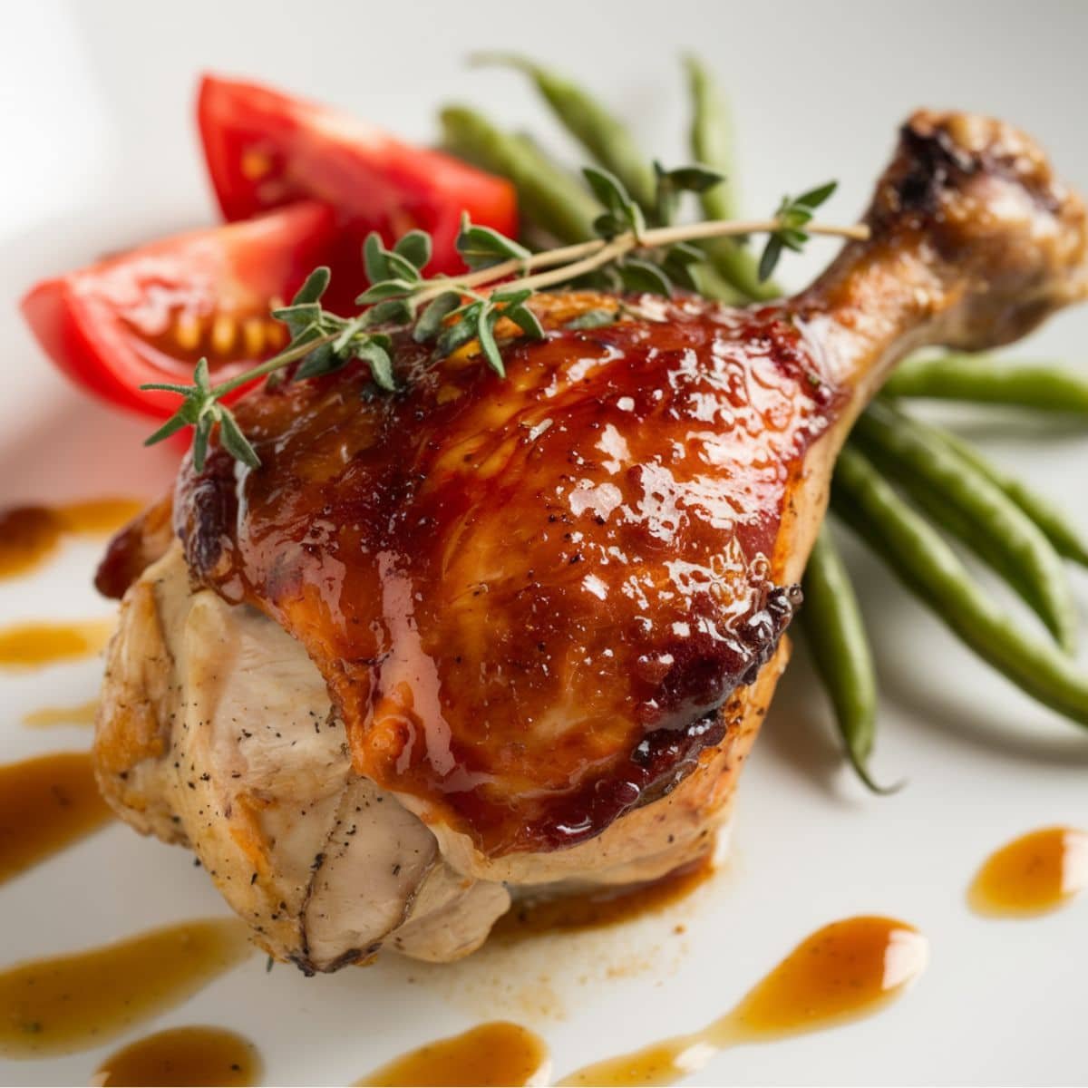 Honey-Glazed Roasted Chicken Quarters Recipe – Tender, oven-baked chicken quarters coated in a rich honey glaze, garnished with fresh thyme, and served with crisp green beans and juicy cherry tomatoes. A flavorful and easy chicken dish perfect for any meal.