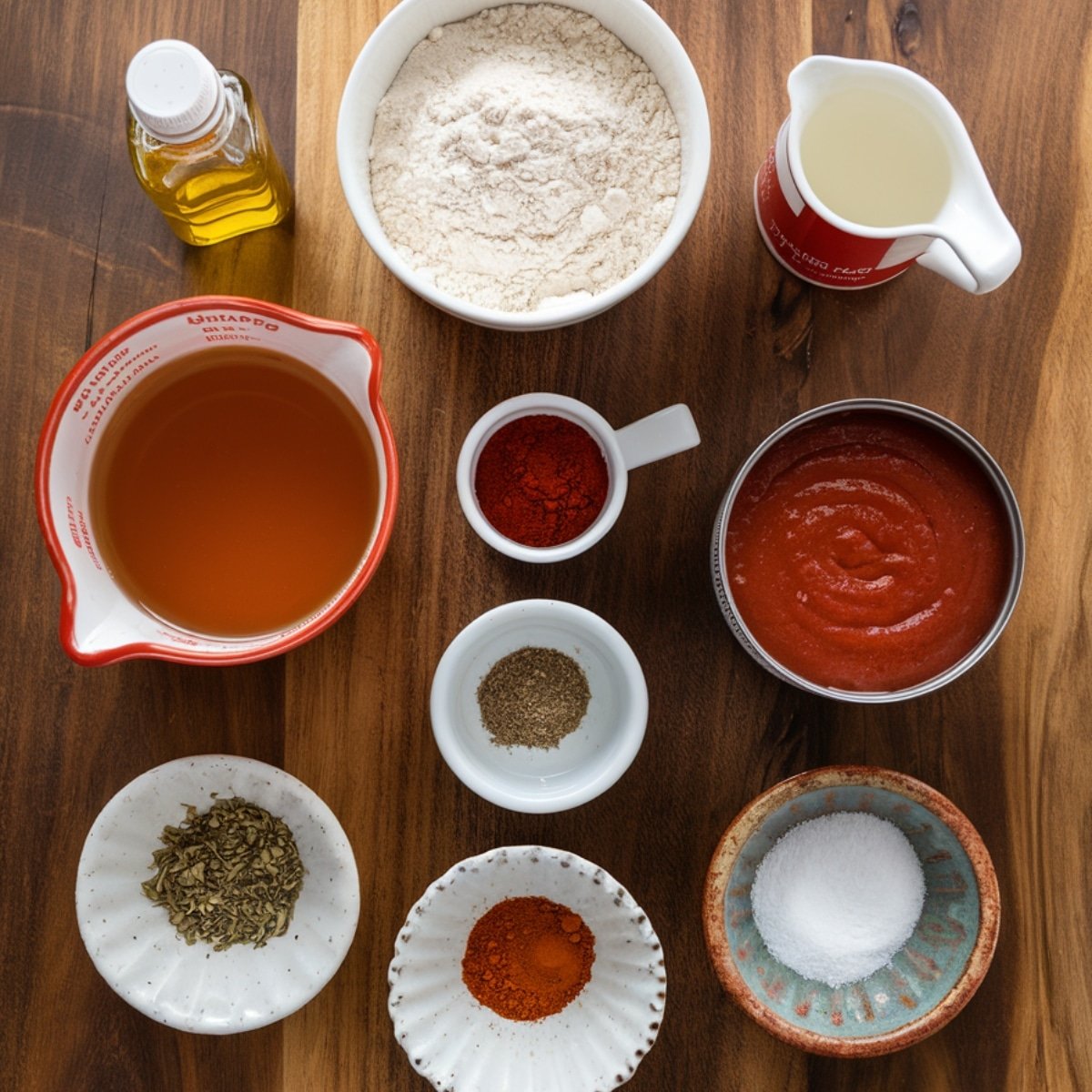 Essential ingredients for Boulder's Enchilada Recipe, including flour, tomato sauce, chicken broth, vegetable oil, chili powder, oregano, cumin, and salt, arranged on a wooden surface.