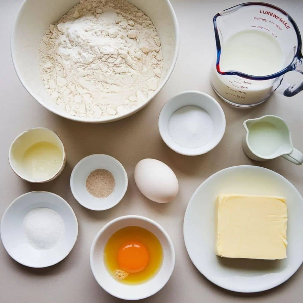 Ingredients for Gipfeli Recipe: A flat lay of essential baking ingredients including flour, sugar, yeast, milk, butter, an egg, and salt, perfectly arranged for preparing homemade Gipfeli dough.