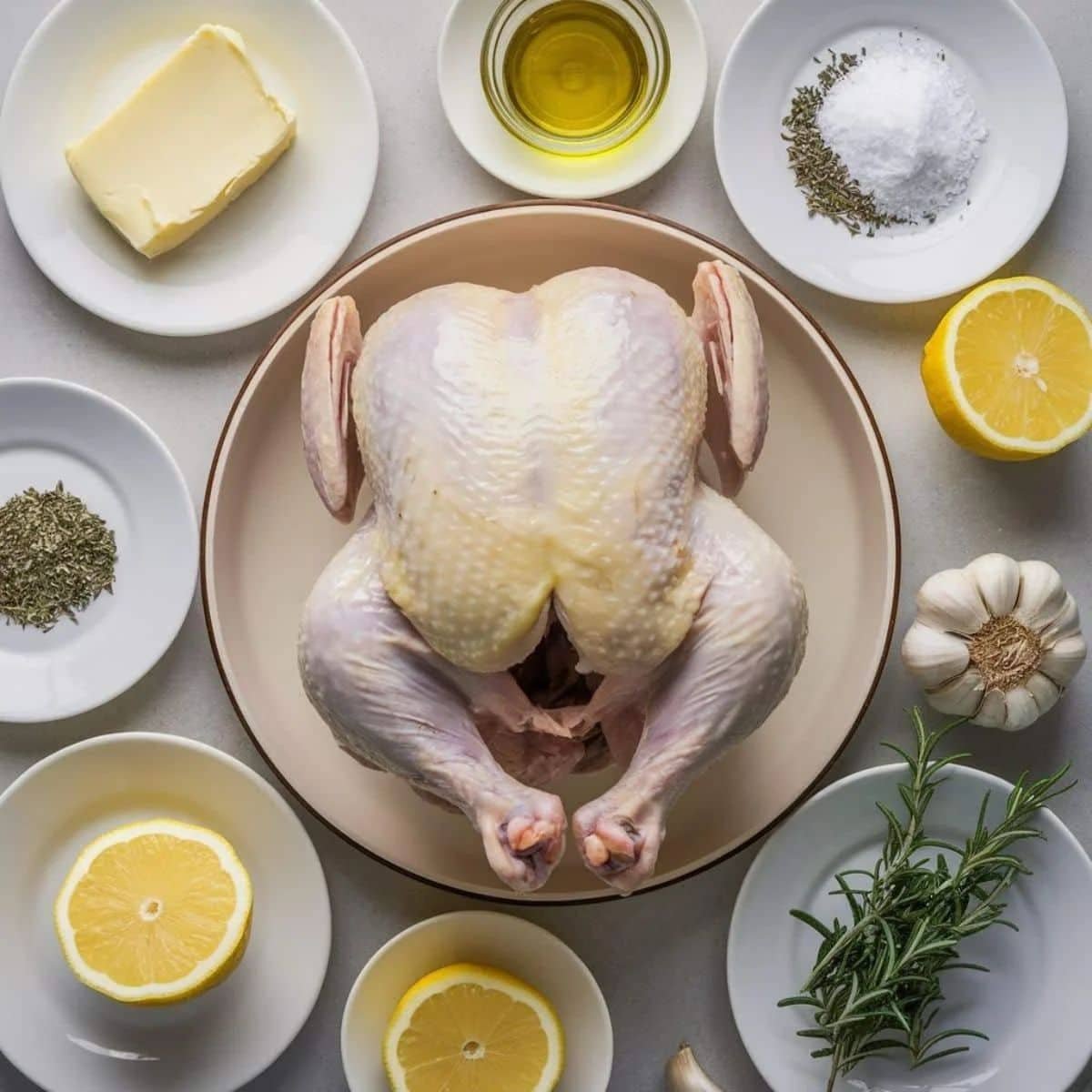 Whole roasted chicken recipe ingredients arranged on a table, including a raw whole chicken, butter, olive oil, salt, pepper, fresh rosemary, garlic, and sliced lemons, perfect for preparing a flavorful roasted chicken.