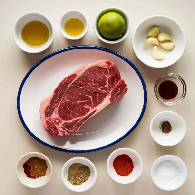 Ingredients for the steak marinade, including a raw steak, olive oil, lime, garlic, spices, and seasonings, perfect for making a flavorful Steak Quesadilla Recipe.