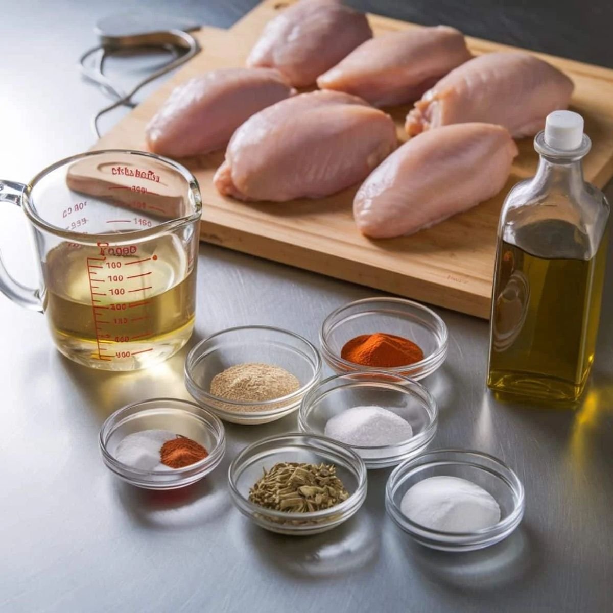 Raw chicken breasts on a wooden cutting board with various seasonings, olive oil, and a measuring cup of broth on a stainless steel countertop. Perfect ingredients for making Instant Pot Shredded Chicken – an easy and flavorful meal prep option.