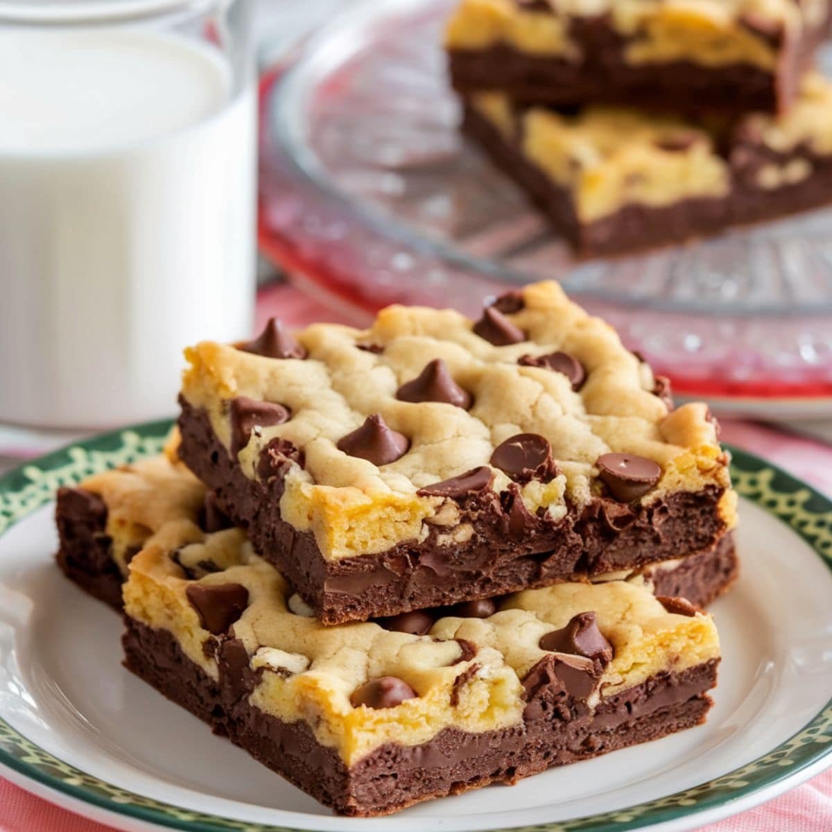 A close-up of delicious brookies with a gooey brownie base and a soft cookie topping, perfect for an easy Brookie Recipe.