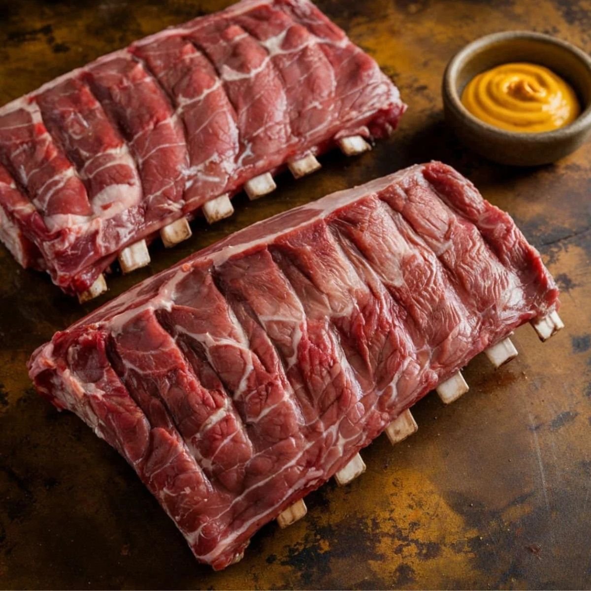 Raw beef back ribs on a rustic surface, ready for seasoning and cooking. A bowl of mustard sits nearby, perfect for a flavorful rub. Ideal for grilling, smoking, or slow cooking. Beef back ribs recipe, BBQ ribs, smoked ribs preparation.