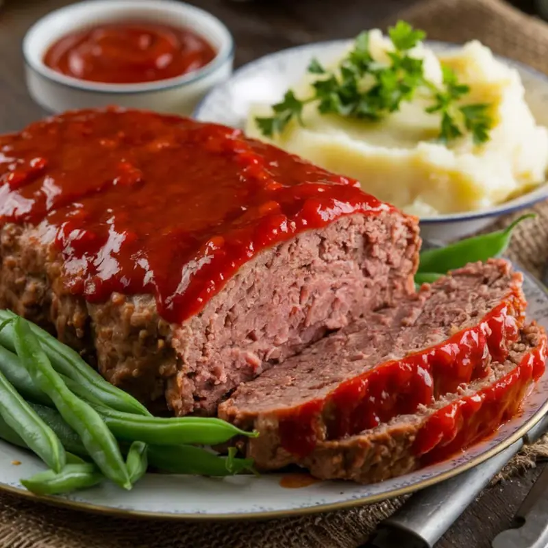 Juicy meatloaf recipe topped with a rich tomato glaze, served with creamy mashed potatoes, fresh green beans, and a bowl of ketchup on a rustic dining table.