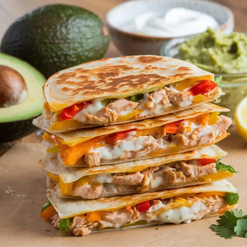 Golden-brown chicken quesadillas stacked and filled with juicy chicken, melted cheese, and colorful peppers, served with guacamole, sour cream, and fresh avocado, perfect for a Chicken Quesadilla Recipe.