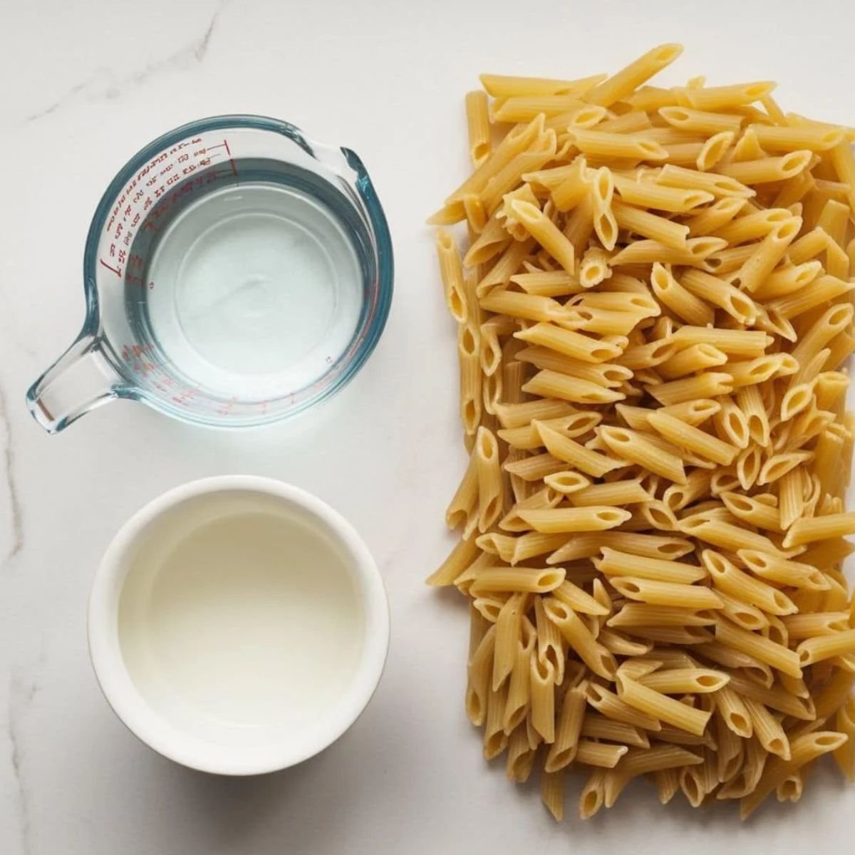 Essential ingredients for Marry Me Chicken Pasta recipe, including penne pasta, water, and heavy cream, set on a white background. A simple yet creamy pasta dish perfect for an easy and delicious meal.