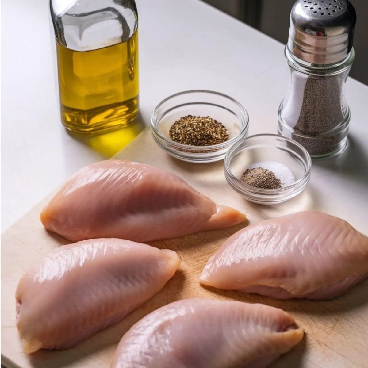 Fresh chicken breasts, olive oil, salt, pepper, and seasonings for Marry Me Chicken Pasta recipe. The perfect protein base for a rich, creamy, and flavorful pasta dish.