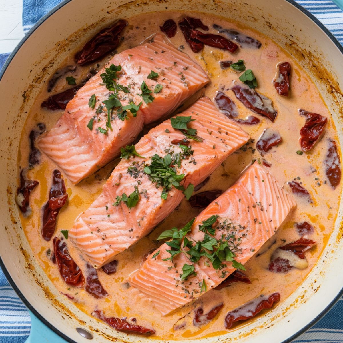 Marry Me Salmon Recipe – A creamy Tuscan-style salmon dish with tender pan-seared fillets, sun-dried tomatoes, and a rich garlic parmesan sauce, garnished with fresh herbs. Perfect for an easy gourmet dinner.