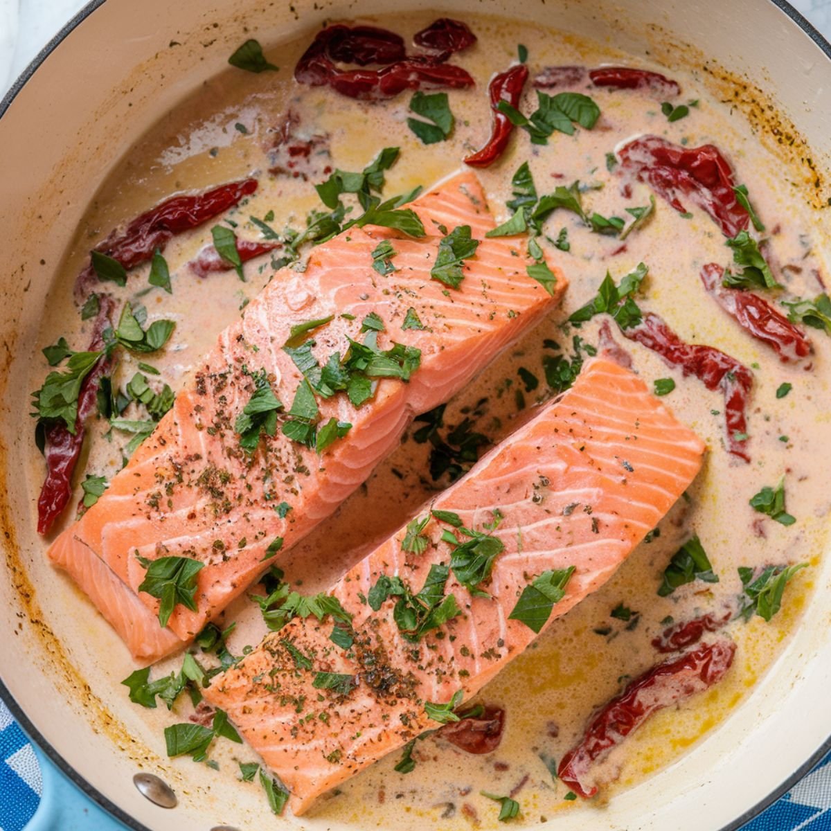 Marry Me Salmon Recipe – A creamy Tuscan-style salmon dish featuring tender salmon fillets simmered in a rich garlic parmesan sauce with sun-dried tomatoes and fresh herbs. A flavorful and easy one-pan dinner recipe.