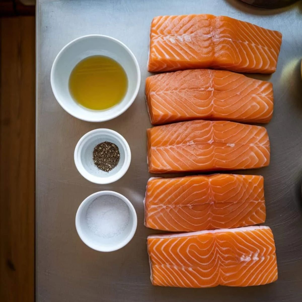 Marry Me Salmon Recipe Ingredients – Fresh salmon fillets seasoned with salt, black pepper, and olive oil, ready for a creamy garlic parmesan sauce. A simple yet flavorful base for this Tuscan-inspired dish.