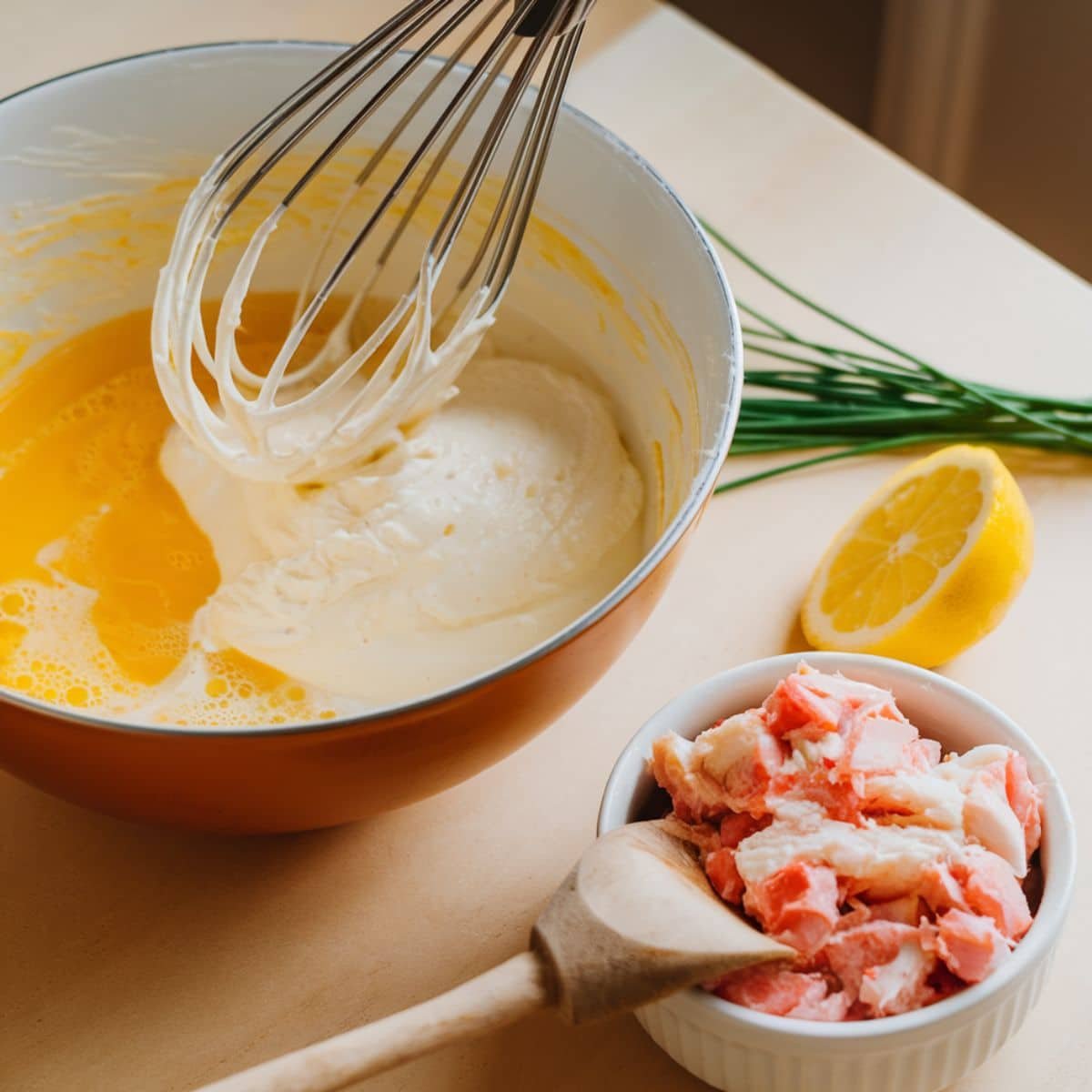 Whisking creamy base with eggs, mascarpone, and lemon for a Crab Brûlée Recipe, with fresh crab meat and chives ready to be folded in.