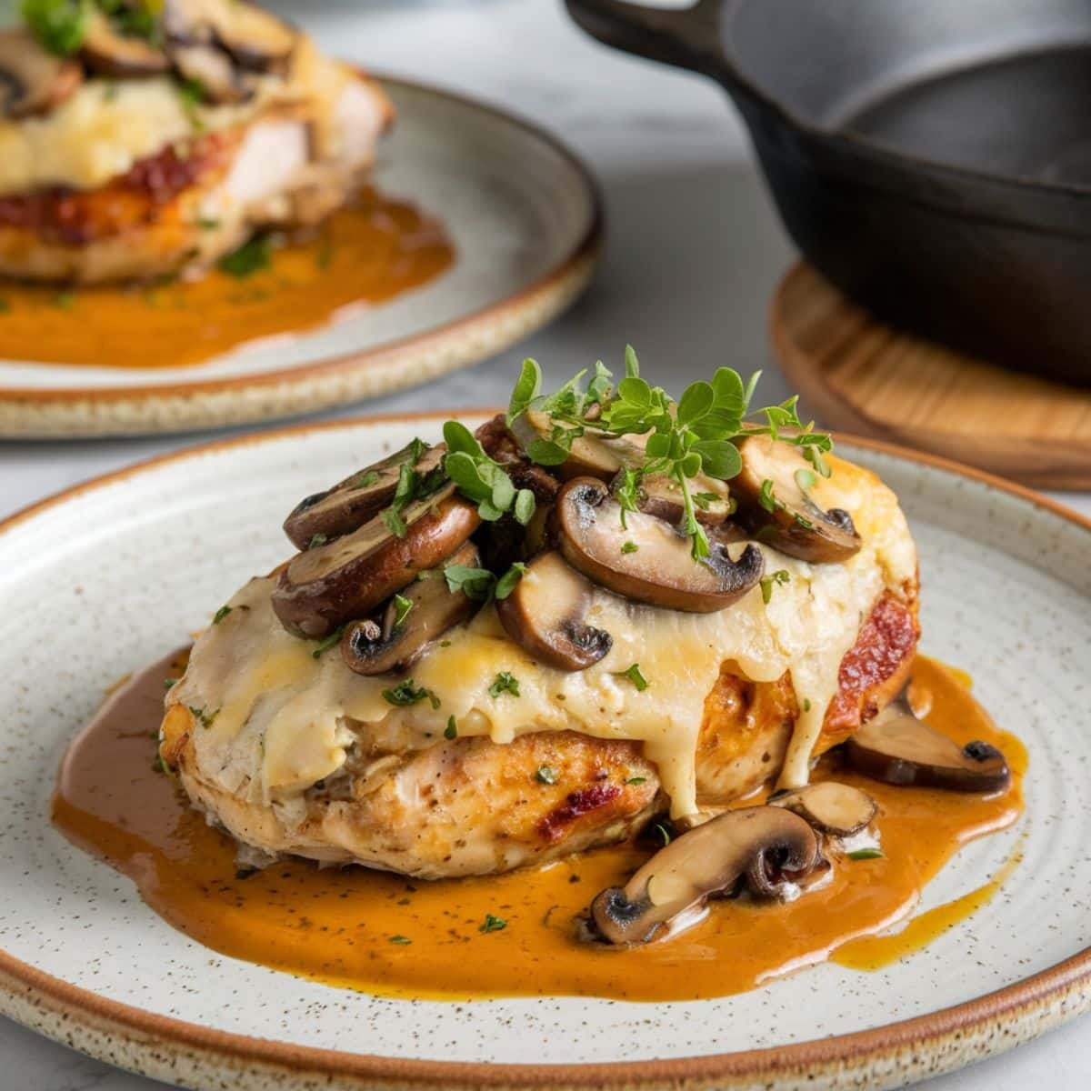 Alice Springs Chicken Recipe - A beautifully plated chicken breast topped with melted cheese, sautéed mushrooms, crispy bacon, and fresh herbs, served with a rich honey mustard sauce.