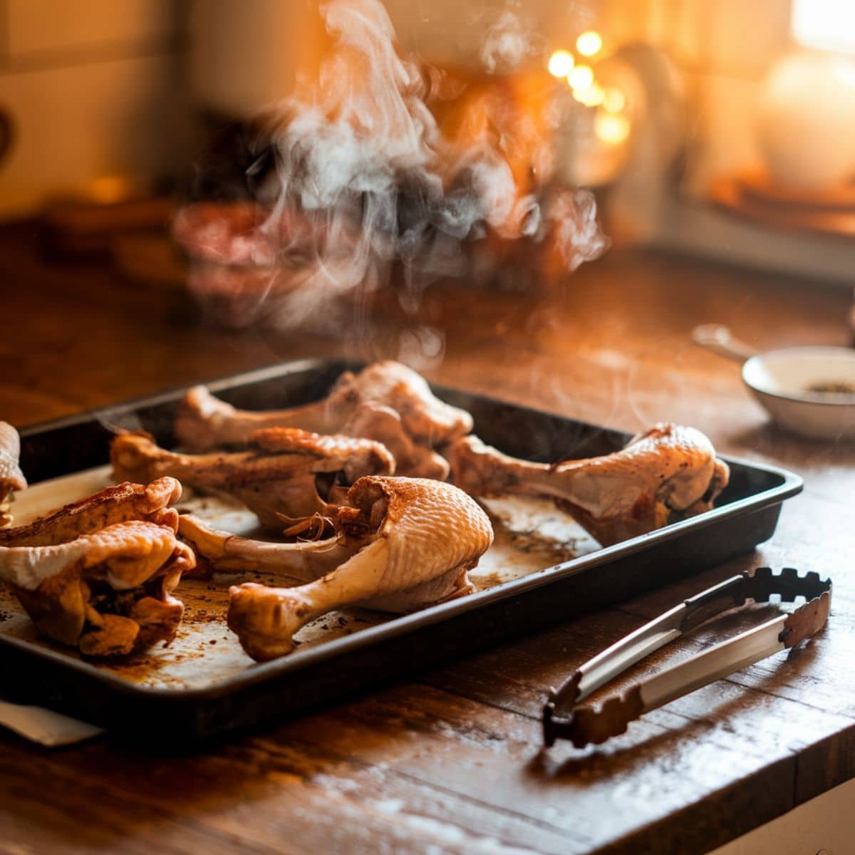 A steaming tray of oven-roasted chicken drumsticks on a rustic wooden kitchen counter, perfectly browned and ready to be used for a homemade chicken broth recipe. The warm lighting enhances the rich, golden tones of the roasted chicken.