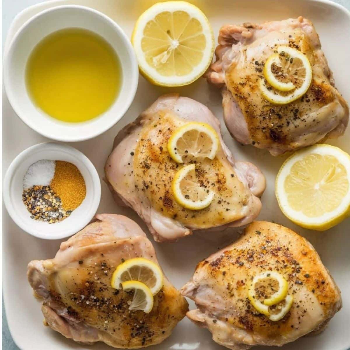 Perfectly seasoned Lemon Pepper Chicken Breasts topped with lemon slices, surrounded by olive oil, spices, and fresh lemons on a white plate, showcasing a flavorful and easy-to-make recipe.