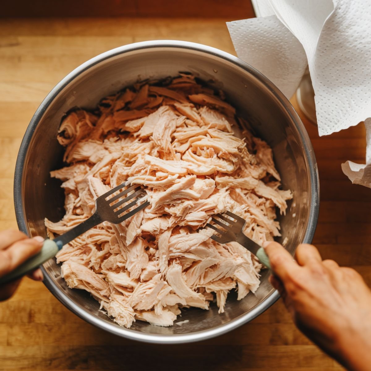 Perfectly Shredded Chicken for Chicken Salad Chick Recipe – Freshly Cooked and Pulled Chicken in a Stainless Steel Bowl, Ready for a Creamy and Flavorful Chicken Salad.