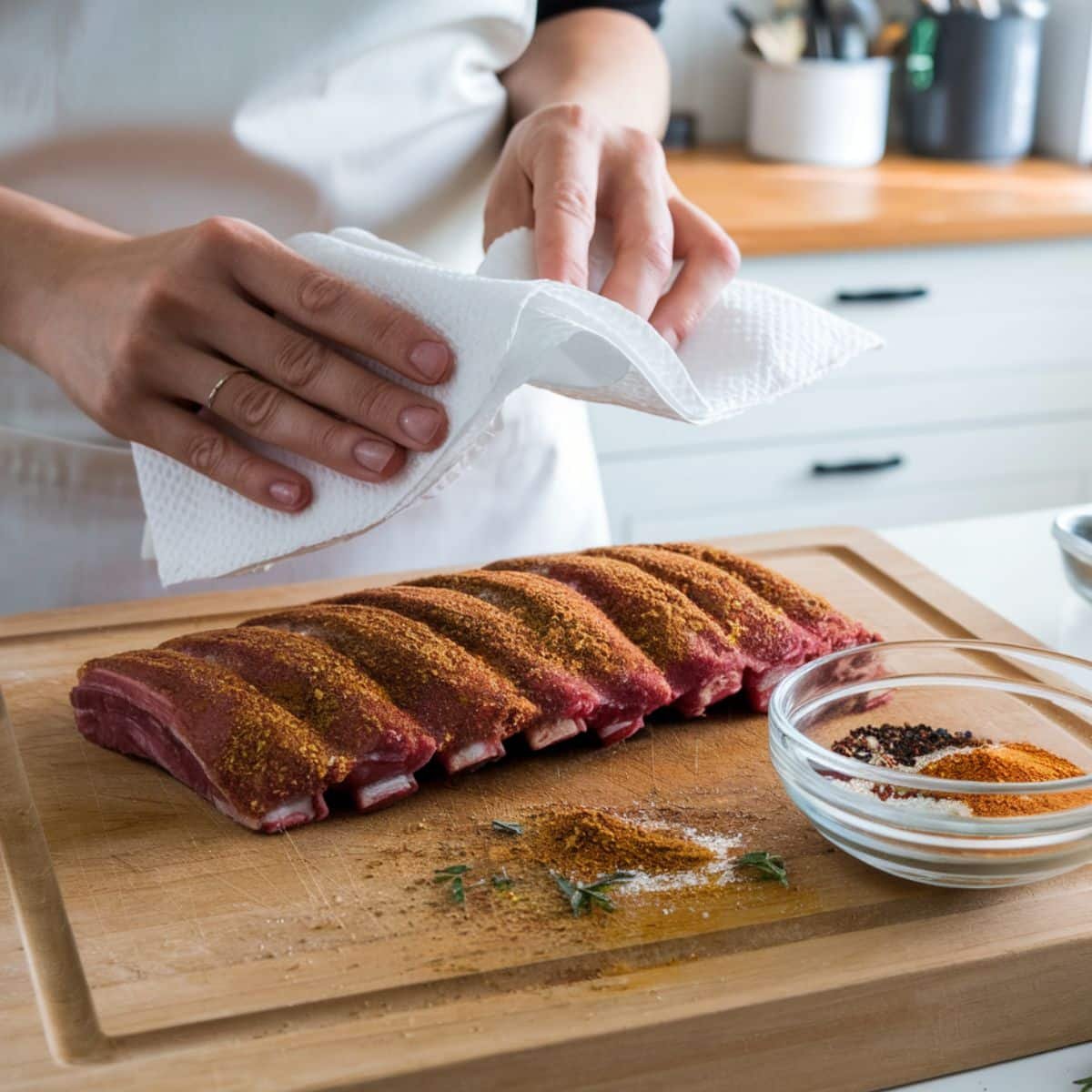 Preparing Boneless Beef Ribs for cooking: a person patting dry the ribs with paper towels on a wooden cutting board, surrounded by a bowl of spice mix with paprika, pepper, and other seasonings – the perfect start to a flavorful Boneless Beef Ribs Recipe.