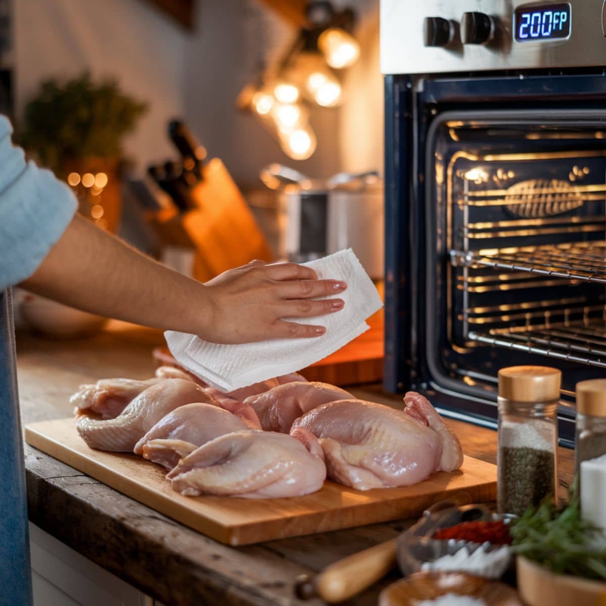 Preparing Chicken Quarters Recipe for Roasting – A home cook patting dry raw chicken quarters on a wooden cutting board, surrounded by seasoning ingredients like salt, pepper, paprika, and fresh herbs, with an oven preheating in the background. A step-by-step guide for perfect roasted chicken.