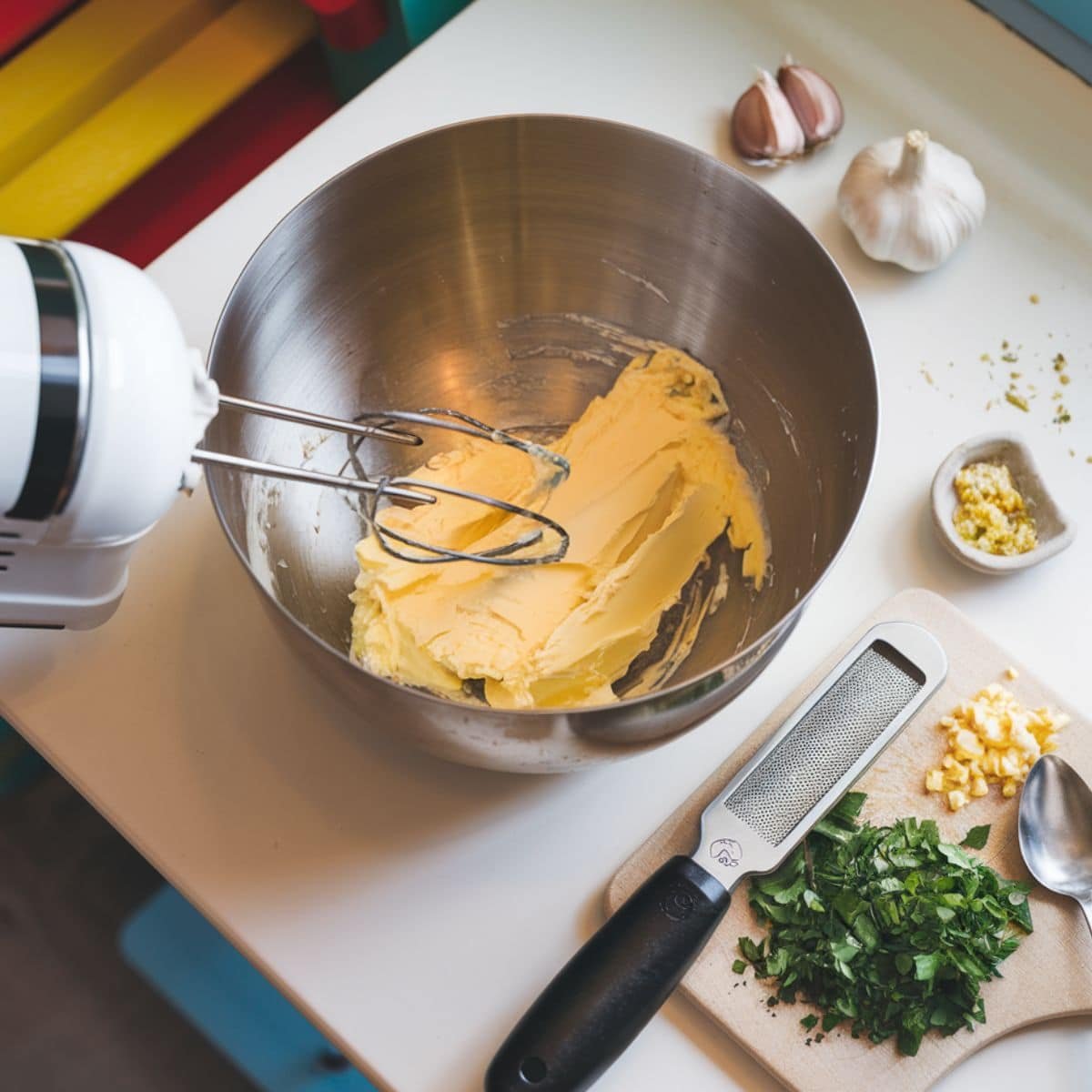 Step-by-step preparation of Cowboy Butter Recipe showing softened butter being whipped in a mixing bowl with fresh parsley, minced garlic, and a grater on the side for perfect blending.