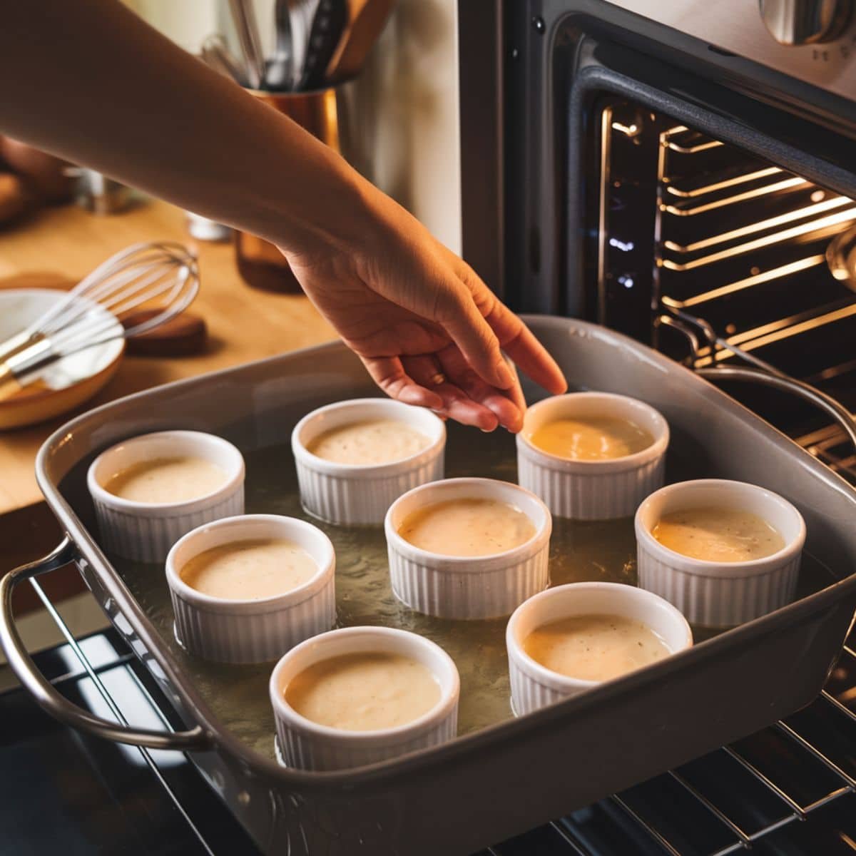 Placing ramekins filled with creamy Crab Brûlée Recipe mixture into a water bath in the oven for gentle baking, with a cozy kitchen setup in the background.