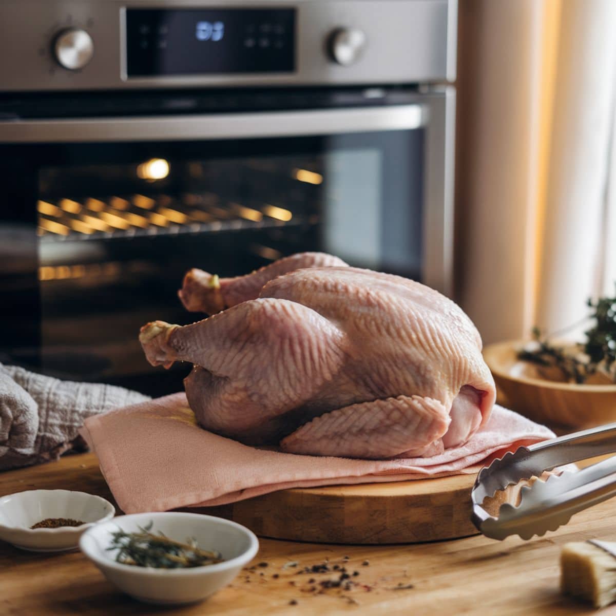 Preparing a whole roasted chicken recipe with a raw chicken on a wooden board, ready to be seasoned, with an oven preheating in the background and fresh herbs nearby.