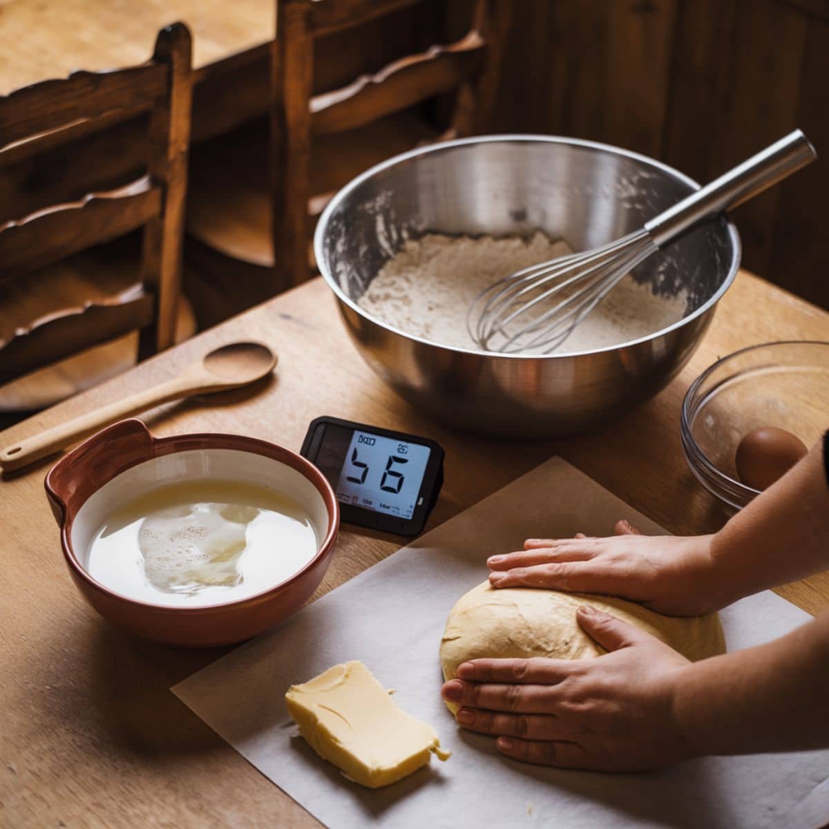 Preparing the Dough for Gipfeli Recipe: A rustic kitchen scene featuring hands kneading dough, alongside ingredients like butter, milk, and flour. A whisk, timer, and mixing bowls set the stage for making homemade Gipfeli.